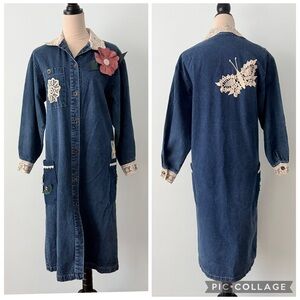 🌸 Grandma Core Reworked Denim Midi Dress Lace Butterfly Cottagecore 🦋